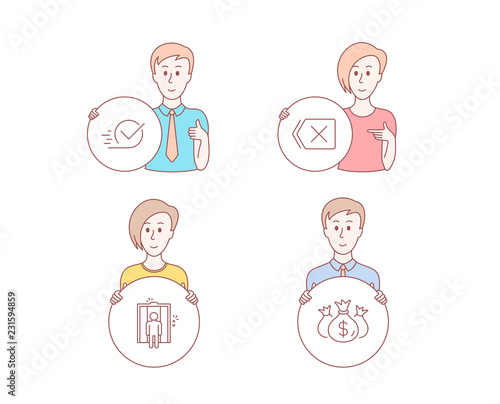 People hand drawn style. Set of Elevator, Checkbox and Remove icons. Check investment sign. Lift, Approved, Delete button. Business report.  Character hold circle button. Man with like hand. Vector