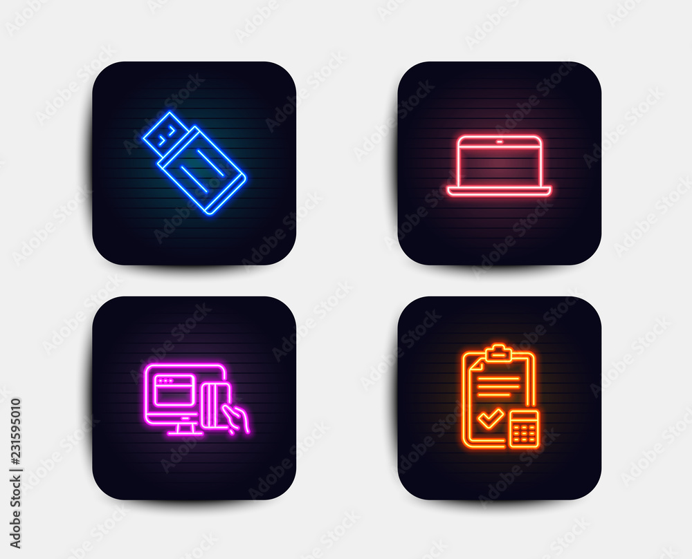 Neon glow lights. Set of Usb flash, Laptop and Online payment icons. Accounting checklist sign. Memory stick, Mobile computer, Money. Calculator. Neon icons. Glowing light banners. Vector Neon glow lights. Set of Usb flash, Laptop and Online payment icons. Accounting checklist sign. Memory stick, Mobile computer, Money. Calculator. Neon icons. Glowing light banners. Vector
