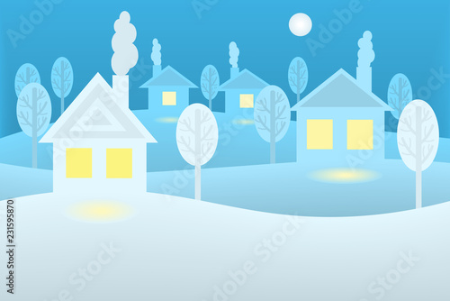 Winter picture with houses in the style of paper art and craft
