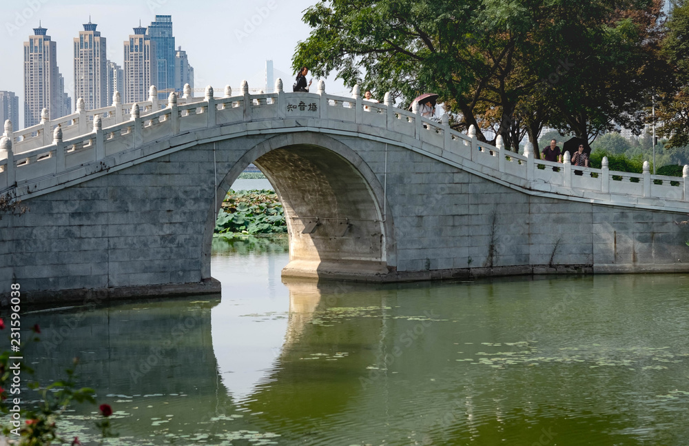 Arch bridge in park of wuhan garden. Wuhan, Hubei China.