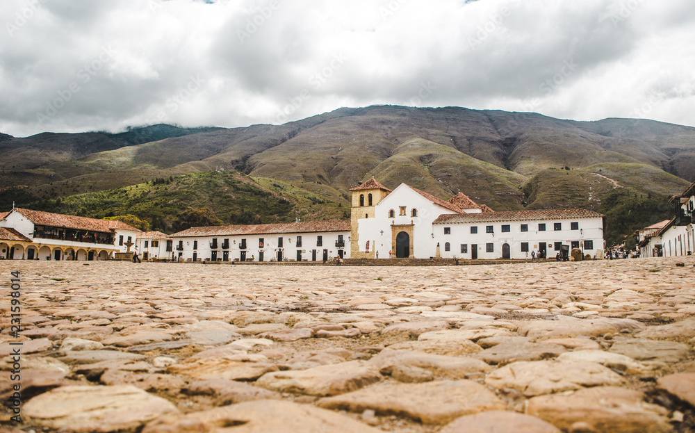 Plaza Mayor, the main town square of Villa de Leyva, Colombia, famous