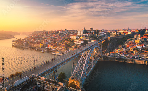 View of the historic city of Porto with the Dom Luiz bridge. Portugal, Porto