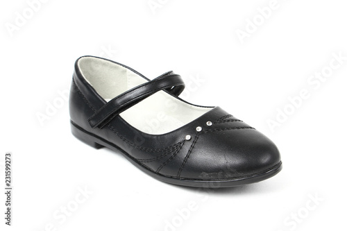 Women's flat photo black shoes isolated on white background