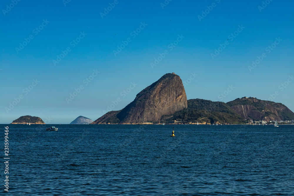 Most famous mountains in the world. Mountain of Sugar Loaf, Rio de Janeiro Brazil, South America. Copy space for advertising. 