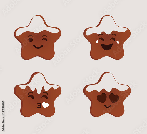 Cookies star face vector. Cute funny emoticons for Christmas.