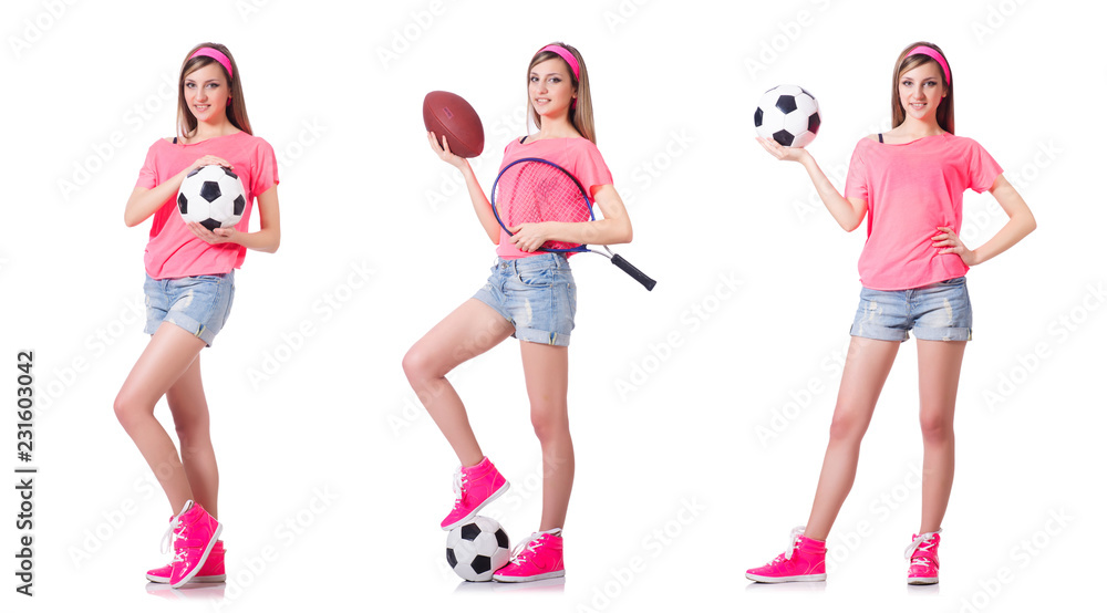 Woman with football on white Woman with football on white