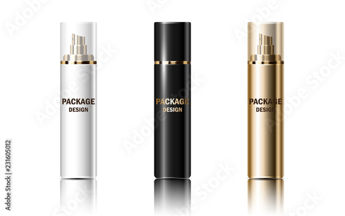 Vector 3d set mockup glossy realistic jar containers for packing spray, cream, shampoo, cosmetics products. White, black, gold gas cylinders design for ads, banners, magazine page, illustration.
