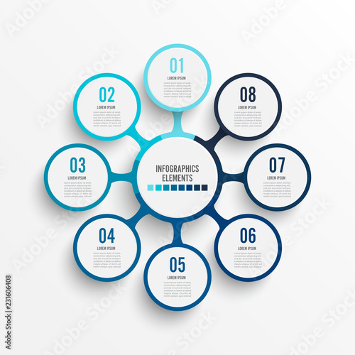 Vector infographic template with 3D paper label, integrated circles. Business concept with 8 options. For content, diagram, flowchart, steps, parts, timeline infographics, workflow, chart.