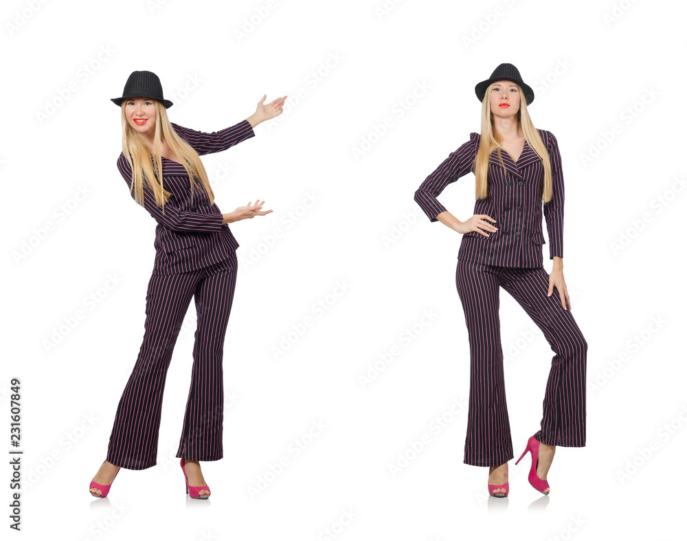 Pretty girl in purple retro suit isolated on white Pretty girl in purple retro suit isolated on white