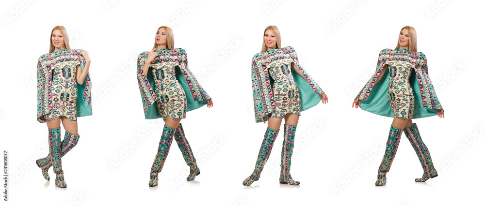 Model wearing dress with Azerbaijani carpet elements isolated on
