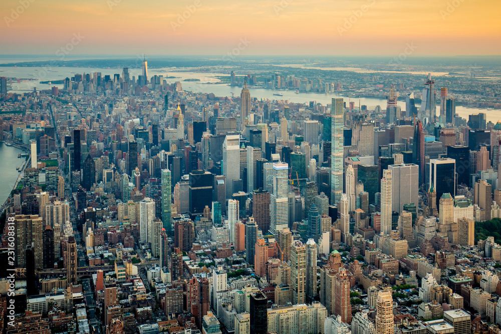 New York city at sunset aerial view