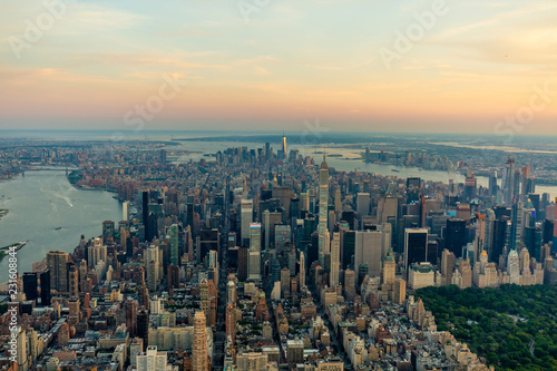 New York city at sunset aerial view