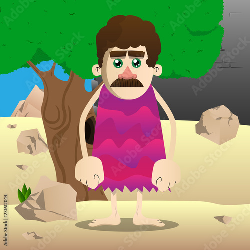 Cartoon caveman standing. Vector illustration of a man from the stone age.