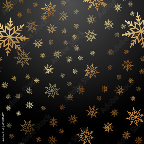 Falling gold snow or snowflakes on black background. Vector