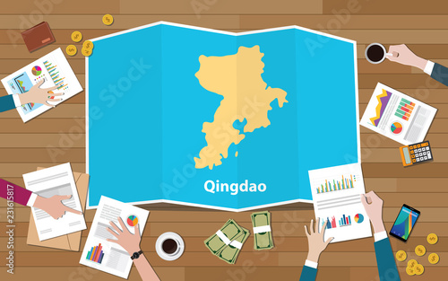 qingdao shandong province china city region economy growth with team discuss on fold maps view from top