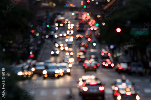 Abstract blurred lights of evening traffic on 42nd Street in Midtown Manhattan New York City