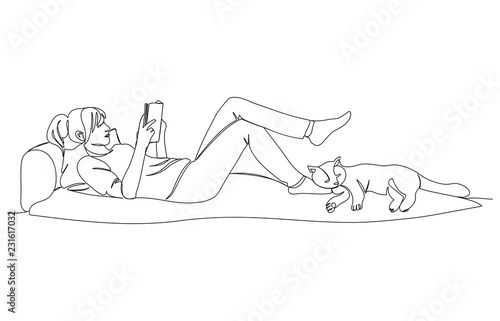 One line girl reading in bed with a cat. Vector sketch isolated on white background. Relax at home. Continuous line drawing.