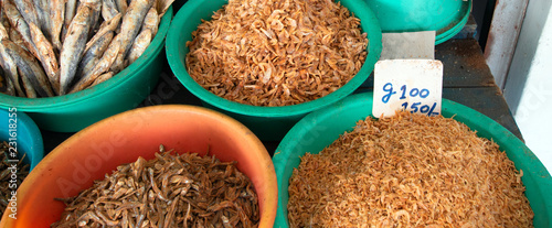 Salted dried and desiccated fish anchovies in food stall in Pettah market in Colombo Sri Lanka Asia photo