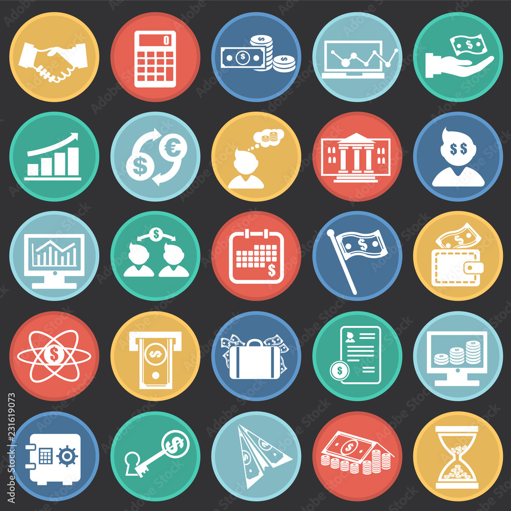 Money and finance set on color circles black background icons Money and finance set on color circles black background icons