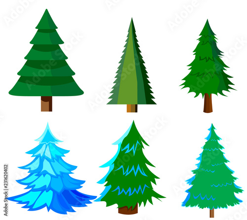 Set of Christmas trees. Isolated icon. Cartoon style. © Anton