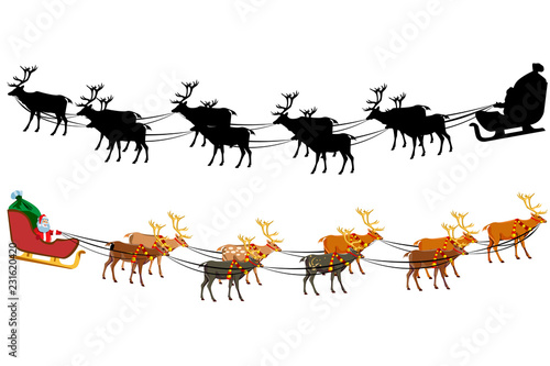 Santa Claus on a sleigh with reindeer, with a handful of gifts. Silhouette of santa claus.
