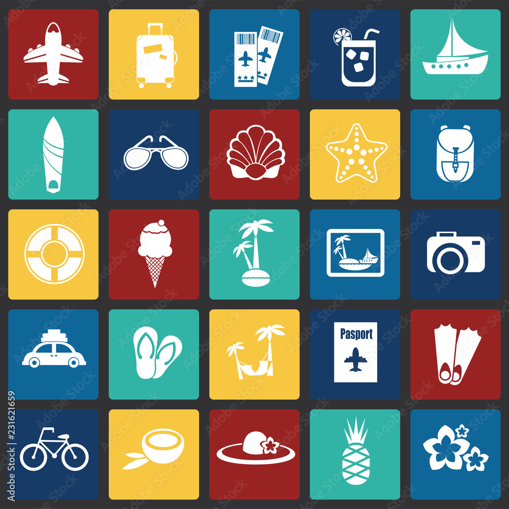 Summer vacation set on color squares background icons Summer vacation set on color squares background icons
