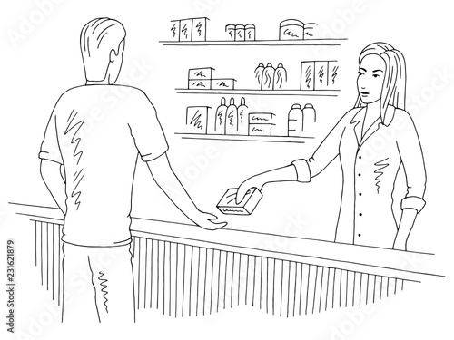 Vendor selling medicine to customer pharmacy interior graphic store shop black white sketch illustration vector