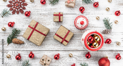 Wallpaper Mural Frame on christmas background of old wood. Xmas items. Gifts for loved ones. Top view. Horizontally Xmas card. Torontodigital.ca