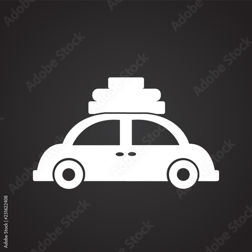 Travel car with baggage on black background icon