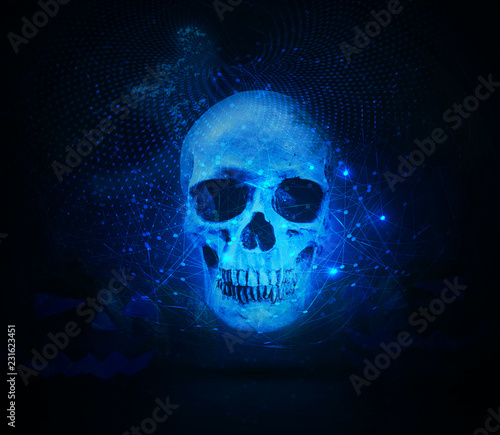 Artistic Evil Smog Devil Skull on a Cyan network Background