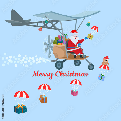 santa claus on plane with gift box christmas card design.