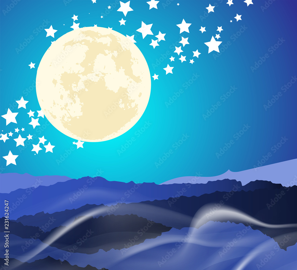 Beautiful Landscape of mountain layer in night moonlight ray and winter fog. Vector illustration.