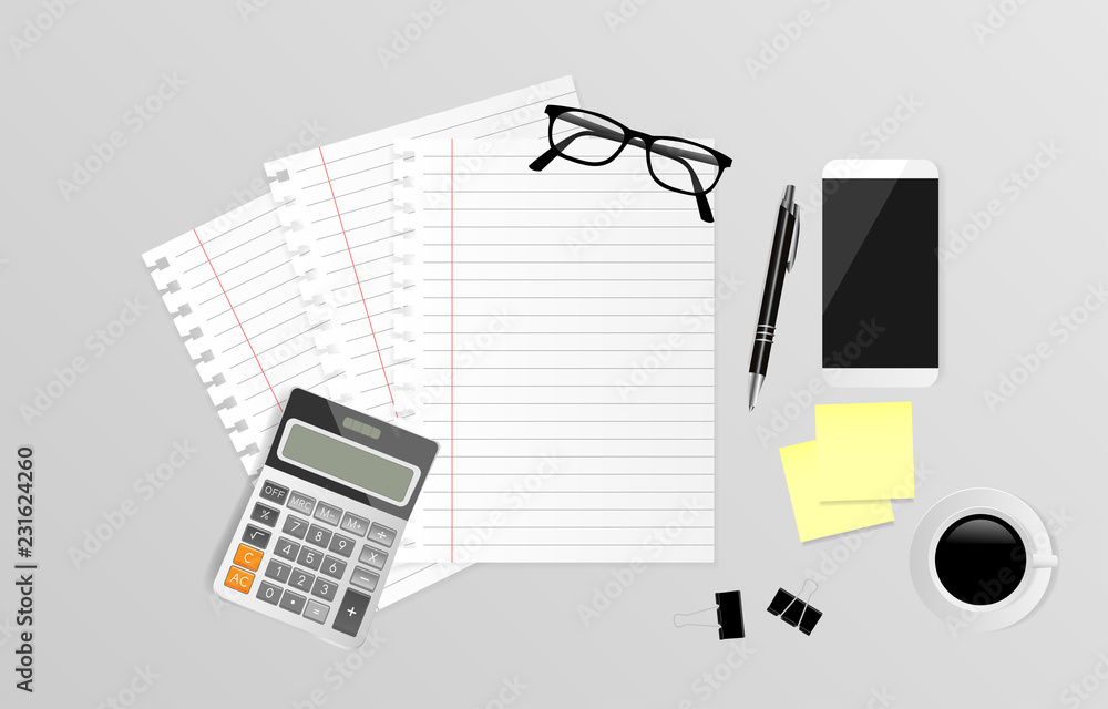 Blank note paper with office suppiles on gray background, Top view. Vector illustration Blank note paper with office suppiles on gray background, Top view. Vector illustration