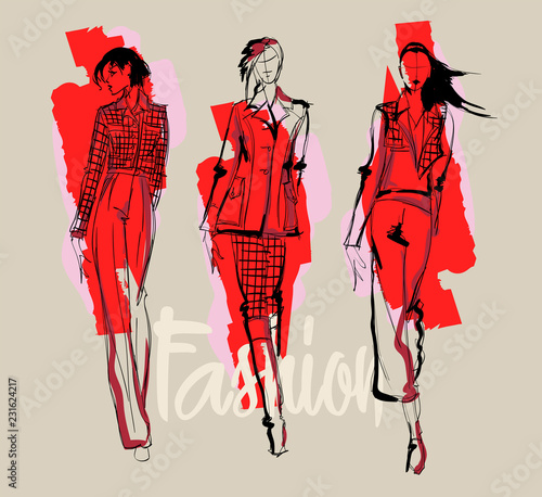 Fashion girl Sketch. Stylish fashion model. Pretty young girl.