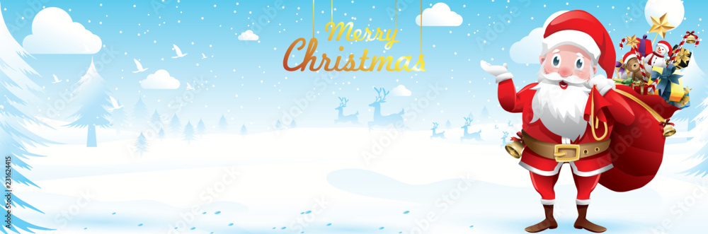 Merry Christmas and Happy New Year.Santa Claus is waving with a sack of gifts in Christmas snow scene. vector illustration Greeting card poster horizontal banner Merry Christmas and Happy New Year.Santa Claus is waving with a sack of gifts in Christmas snow scene. vector illustration Greeting card poster horizontal banner
