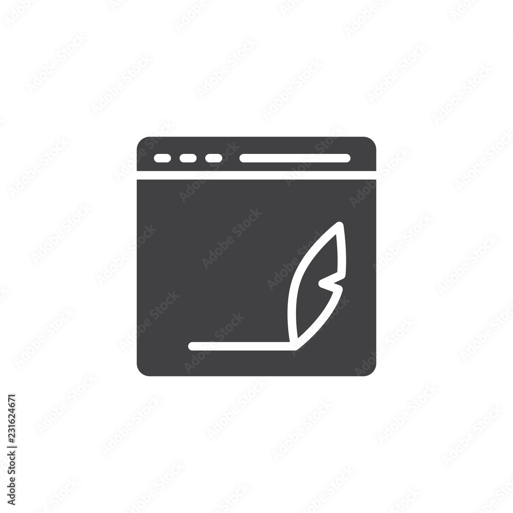 Blog post writing vector icon. filled flat sign for mobile concept and web design. Website window and pen simple solid icon. Symbol, logo illustration. Pixel perfect vector graphics Blog post writing vector icon. filled flat sign for mobile concept and web design. Website window and pen simple solid icon. Symbol, logo illustration. Pixel perfect vector graphics