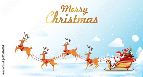 Merry Christmas and Happy New Year.Santa Claus is rides reindeer sleigh with a sack of gifts in Christmas snow scene. vector illustration Greeting card poster horizontal banner