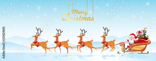 Merry Christmas and Happy New Year.Santa Claus is rides reindeer sleigh with a sack of gifts in Christmas snow scene. vector illustration Greeting card poster horizontal banner