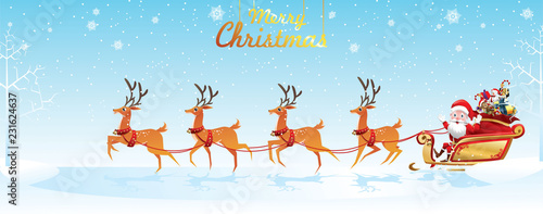 Merry Christmas and Happy New Year.Santa Claus is rides reindeer sleigh with a sack of gifts in Christmas snow scene. vector illustration Greeting card poster horizontal banner