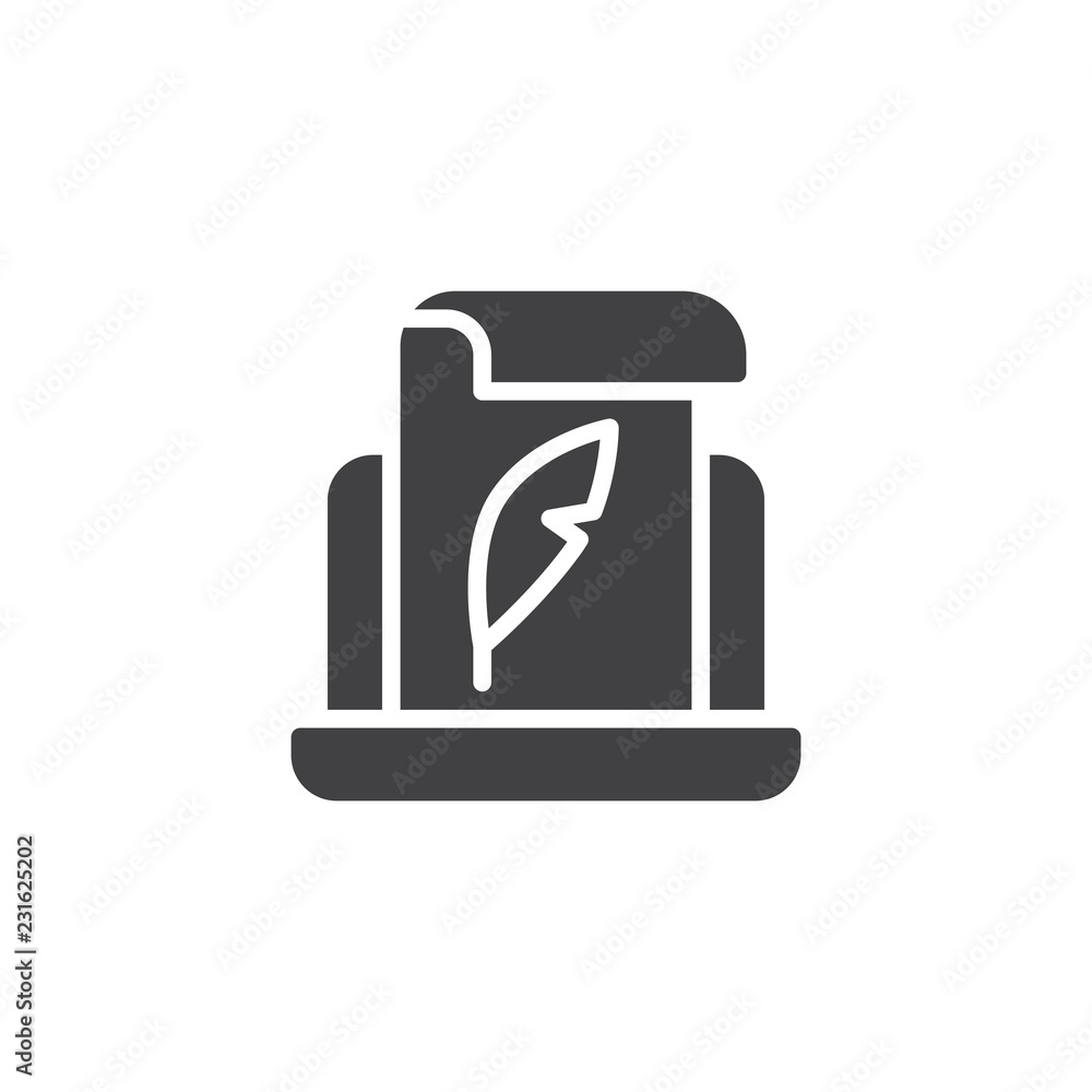 Laptop with paper scroll feather pen vector icon. filled flat sign for mobile concept and web design. Copywriting simple solid icon. Symbol, logo illustration. Pixel perfect vector graphics Laptop with paper scroll feather pen vector icon. filled flat sign for mobile concept and web design. Copywriting simple solid icon. Symbol, logo illustration. Pixel perfect vector graphics