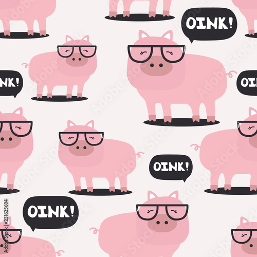 Happy pigs, hand drawn backdrop. Colorful seamless pattern with animals and text. Decorative cute wallpaper, good for printing. Overlapping background vector. Design illustration