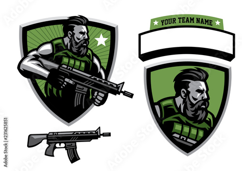 bearded soldier mascot hold assault rifle