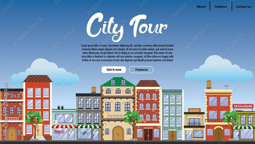 Fototapeta premium landing page design downtown with flat vector style