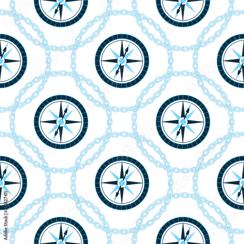 Nautical compass in a frame with a chain. Wind rose seamless pattern.