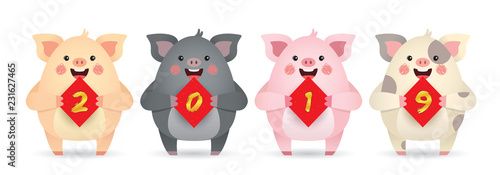2019 year of the pig. Cute cartoon pigs with couplet of 2019 isolated on white background. Chinese new year design element. Cartoon pig in different color.