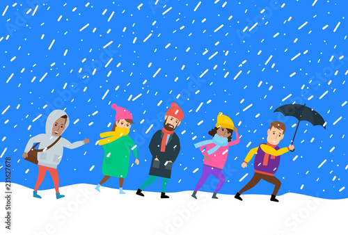 people in winter warm clothes walking snow storm weather