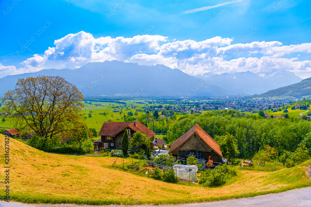 Farm houses in mountain village, Grabs, Werdenberg, St. Gallen,