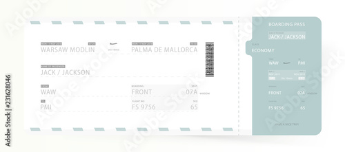 Airline Boarding Pass. Template ticket for traveling on plane for flight. Flat Vector illustration EPS10