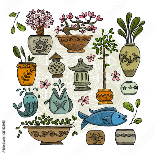 Asian garden with plants in ceramic pots, sketch for your design