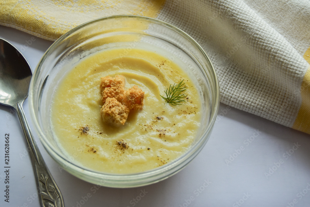 Soup puree with croutons and dill. Sprinkled with black pepper. Soup puree with croutons and dill. Sprinkled with black pepper.